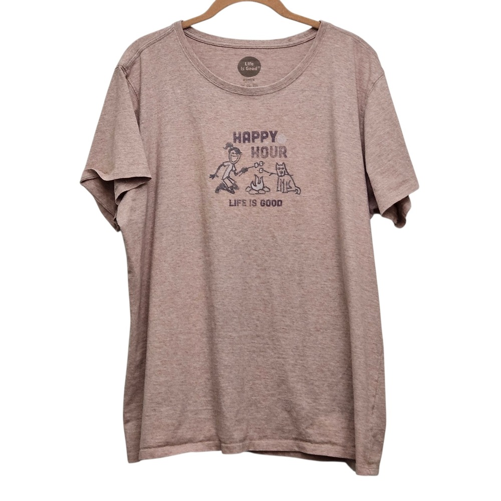 Life Is Good T-Shirt Women XXL Tan Happy Hour Dog Campfire Graphic Casual Tee
